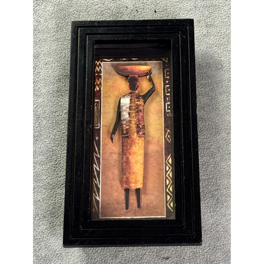 African Tribal Woman Shadow Box Wall Art 3D Mixed Media Framed Decor 9x5 Black